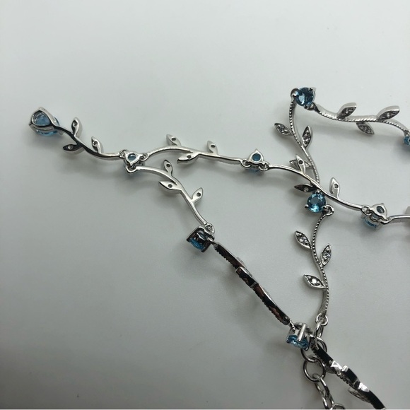 STERLING Blue Topaz & CZ Fancy Leaves Vines Necklace w Drop Pendant 16” + 1” - Picture 6 of 10